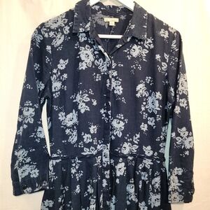 GAP‎ Shirt Dress Women's Small Blue Floral Denim Hidden Buttons 3/4 Sleeve